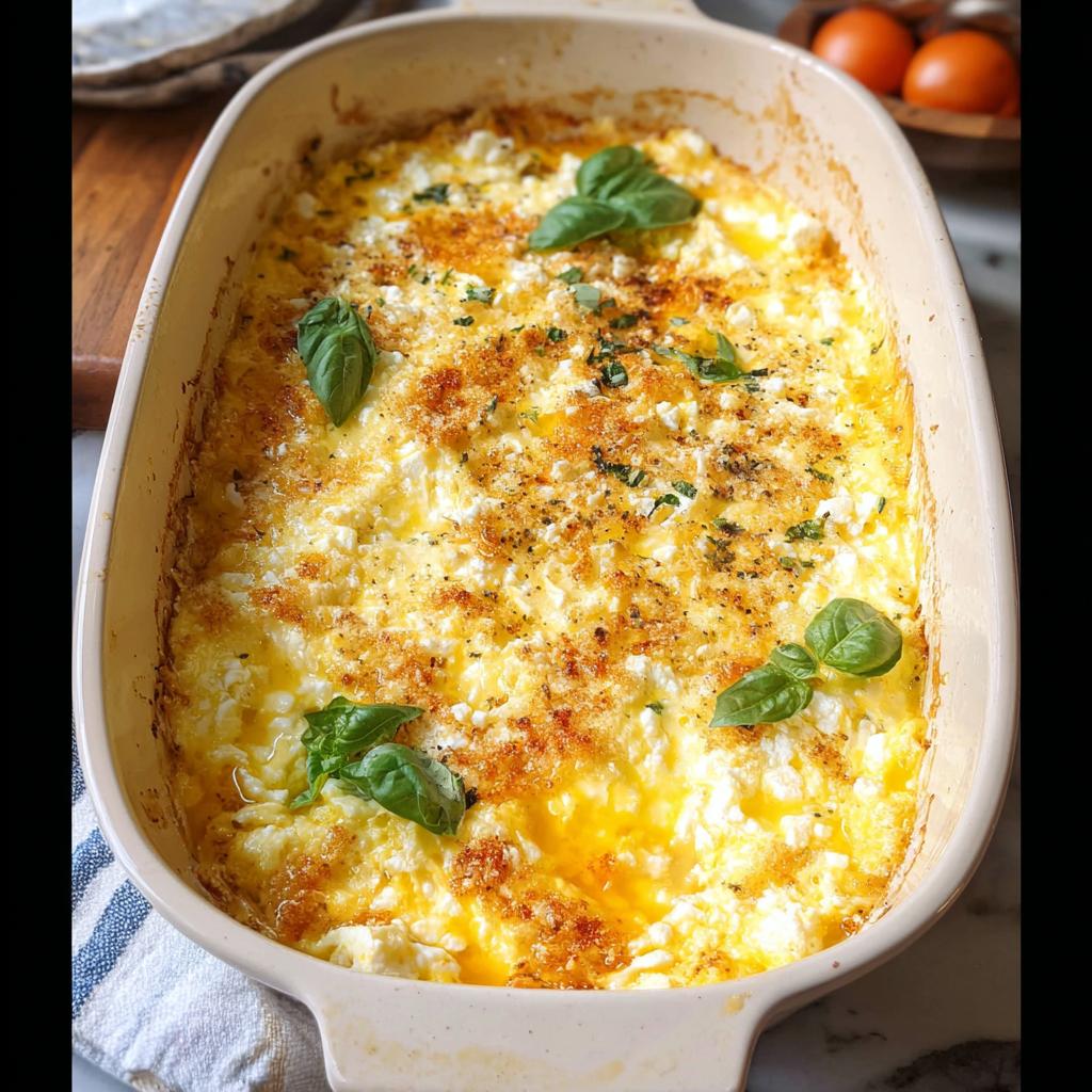 A close-up overhead view of a baking dish filled with golden-brown Baked Feta Eggs, garnished with fresh basil leaves.