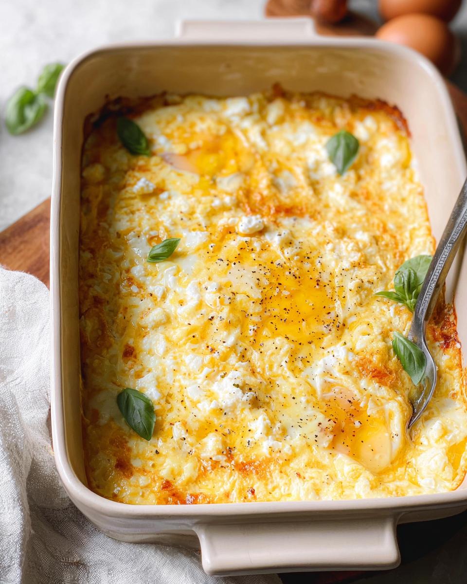 A close-up of baked feta eggs in a baking dish, topped with fresh basil and cracked black pepper.