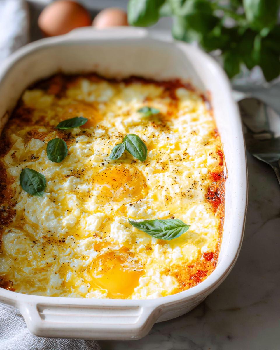 A close-up of freshly baked feta eggs in a white baking dish, garnished with basil leaves.