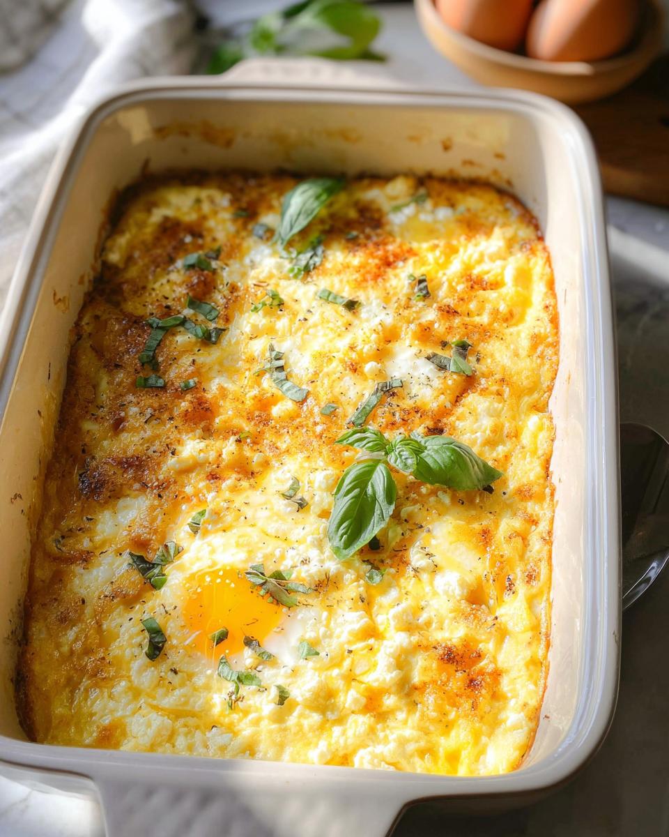 A close-up view of delicious Baked Feta Eggs fresh from the oven, garnished with basil.