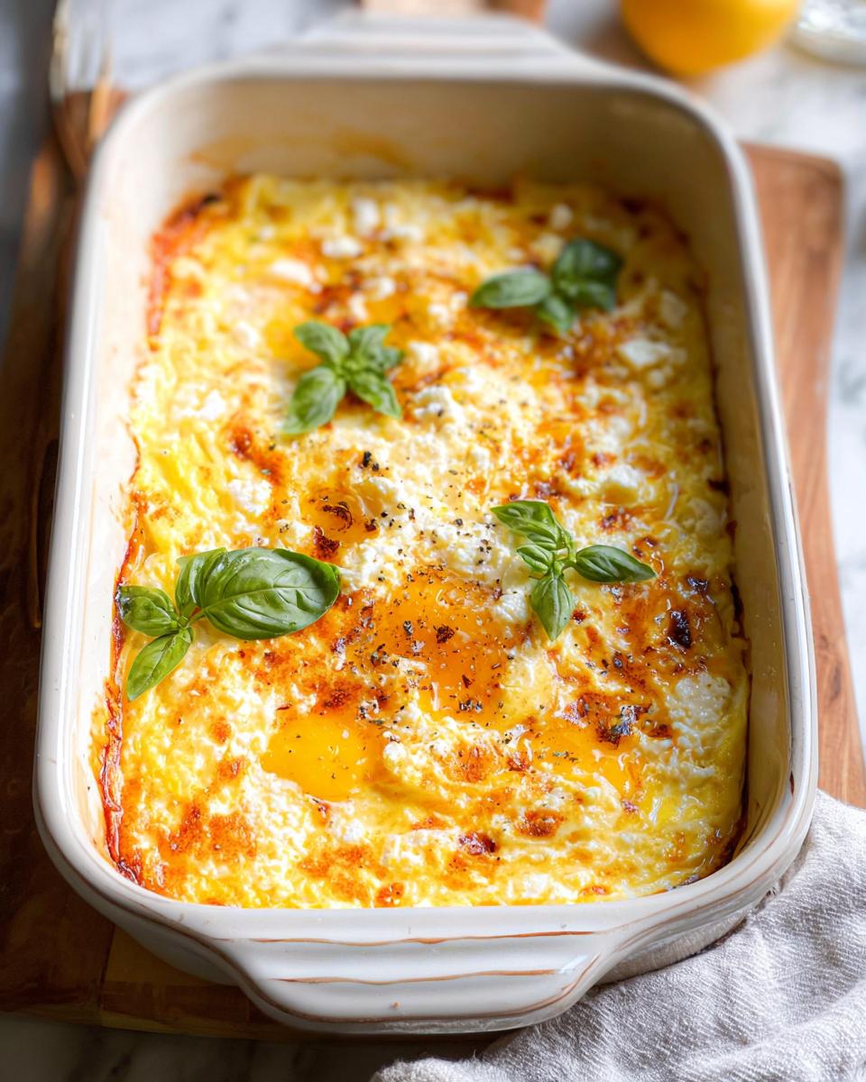 A close-up of baked feta eggs in a white baking dish, topped with fresh basil leaves and cracked black pepper.