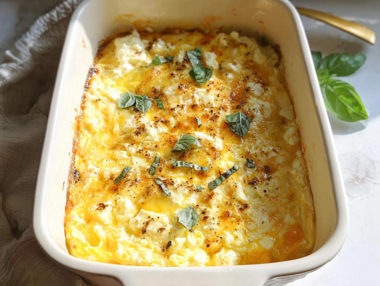 Close-up of a creamy baked feta eggs dish in a white baking dish, garnished with fresh basil.