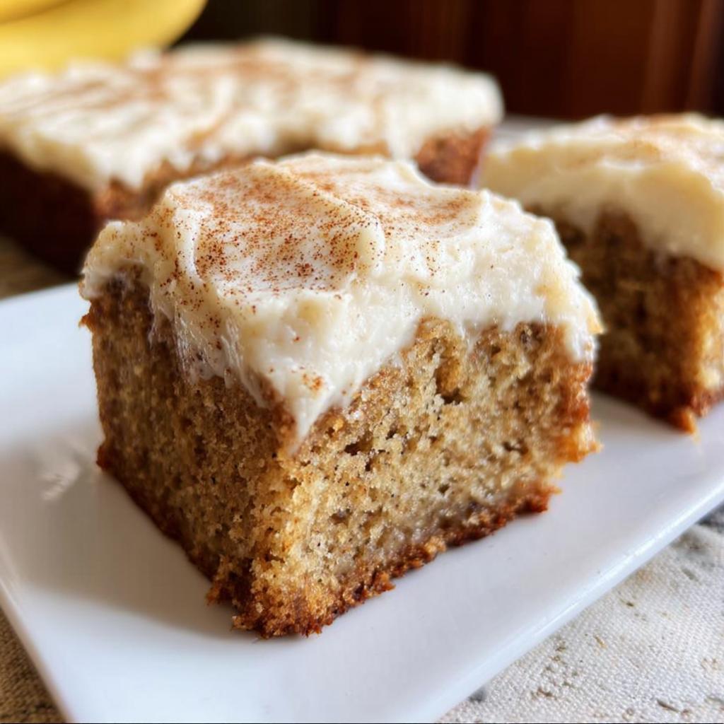 Close-up of a slice of Banana Bread Brownies Made Easy, topped with cream cheese frosting and cinnamon.