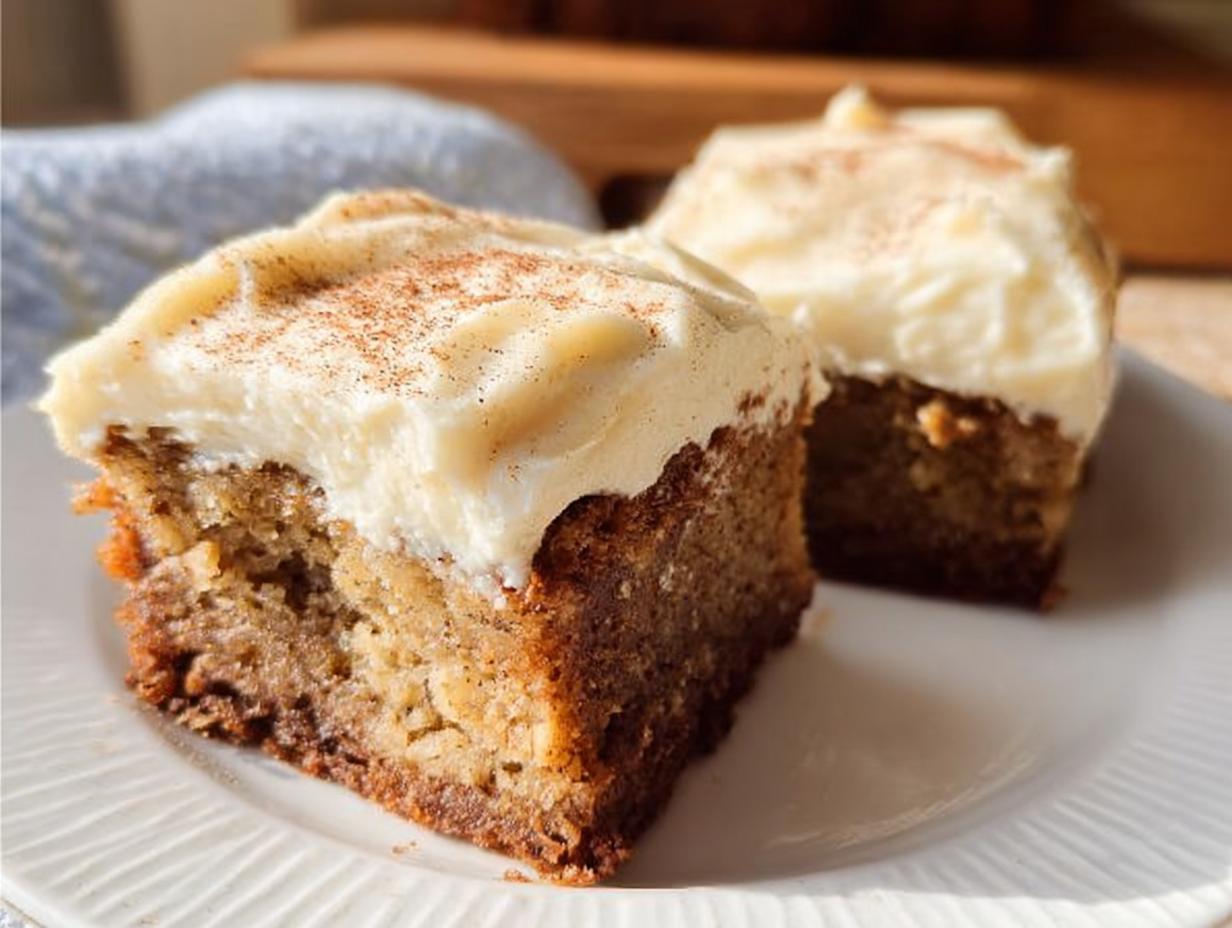 Two slices of moist banana bread brownies topped with creamy frosting and a sprinkle of cinnamon.