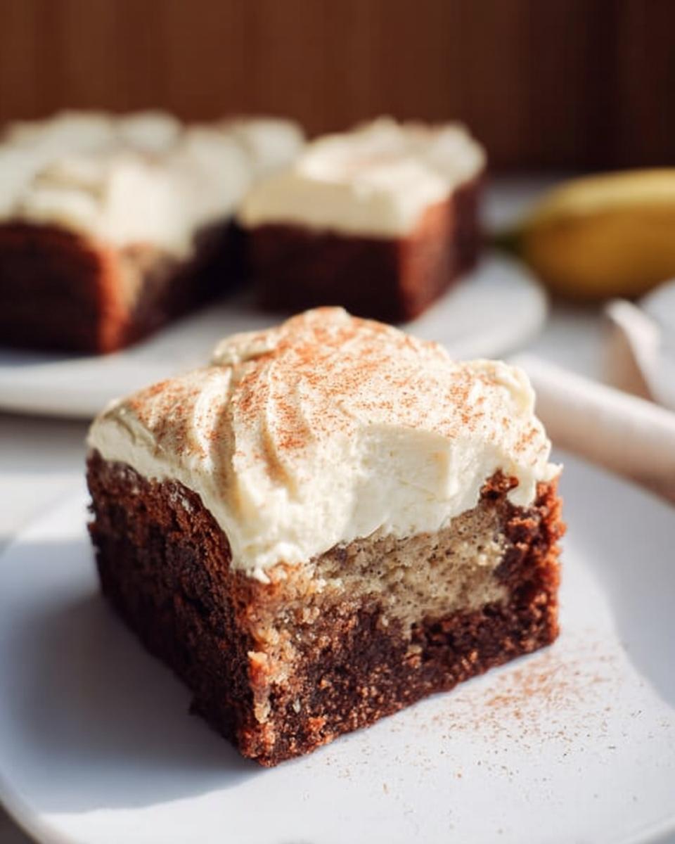 A slice of Banana Bread Brownies Made Easy, topped with cream cheese frosting and a sprinkle of cinnamon.
