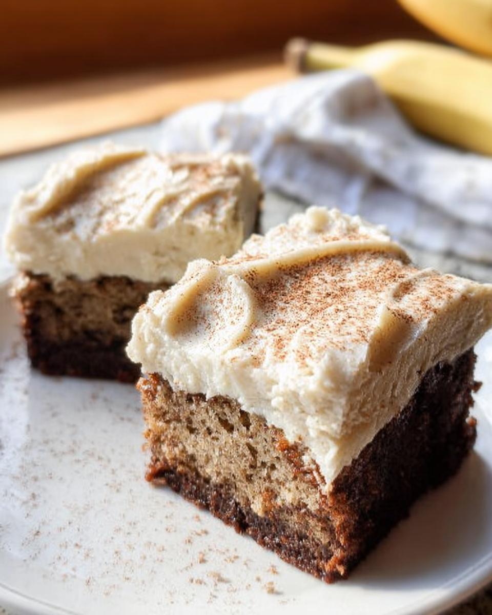 Two slices of Banana Bread Brownies Made Easy, topped with creamy frosting and dusted with cinnamon.