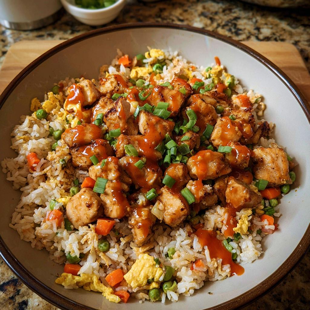 A bowl of Bang Bang Fried Rice topped with crispy chicken pieces, drizzled with sauce and garnished with green onions.