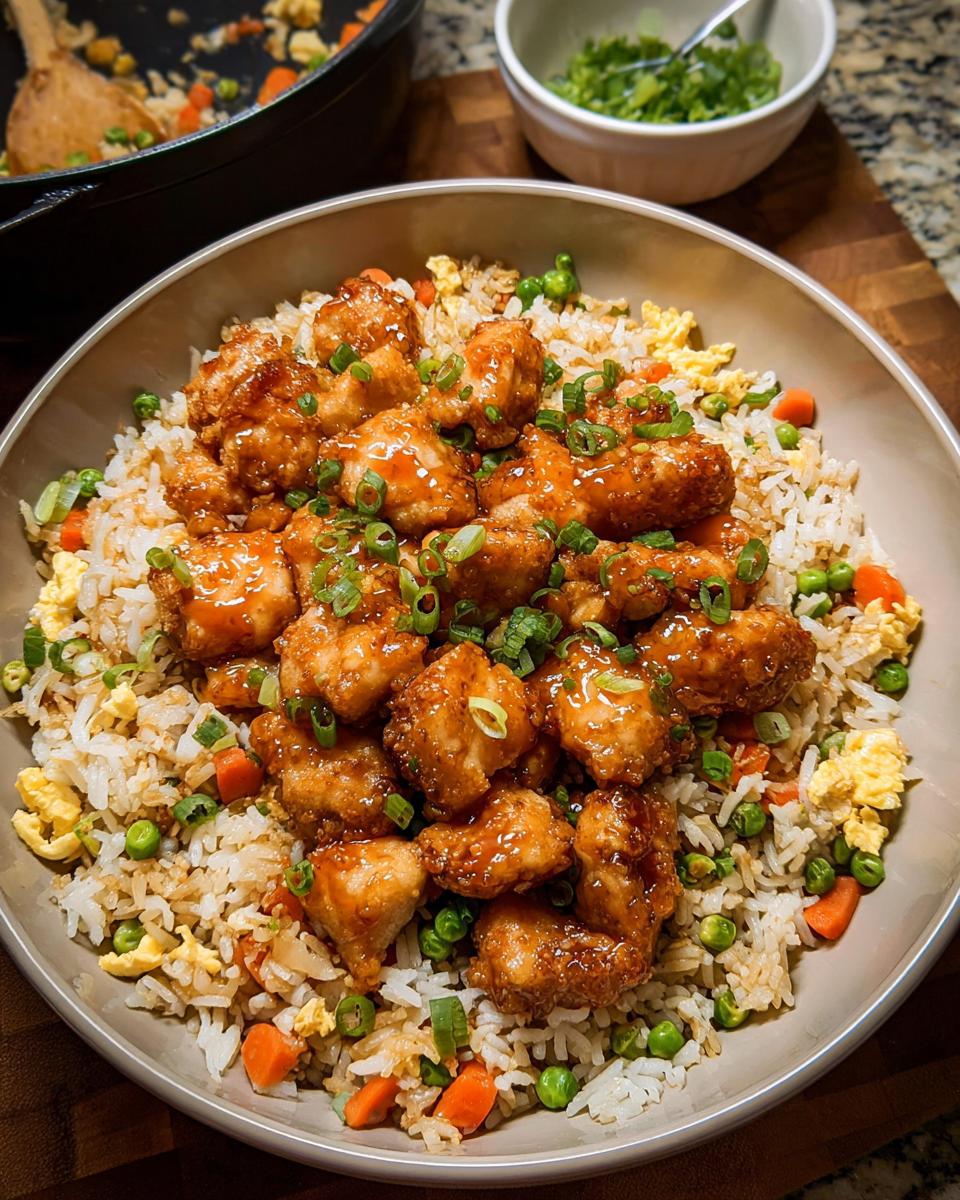A bowl of Bang Bang Fried Rice topped with crispy chicken pieces and green onions.