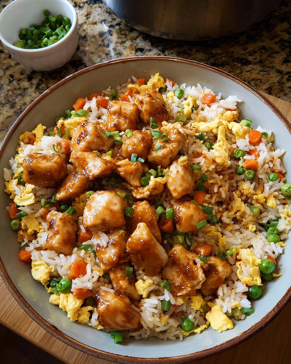 A close-up of a bowl of Bang Bang Fried Rice topped with tender chicken pieces and garnished with green onions.