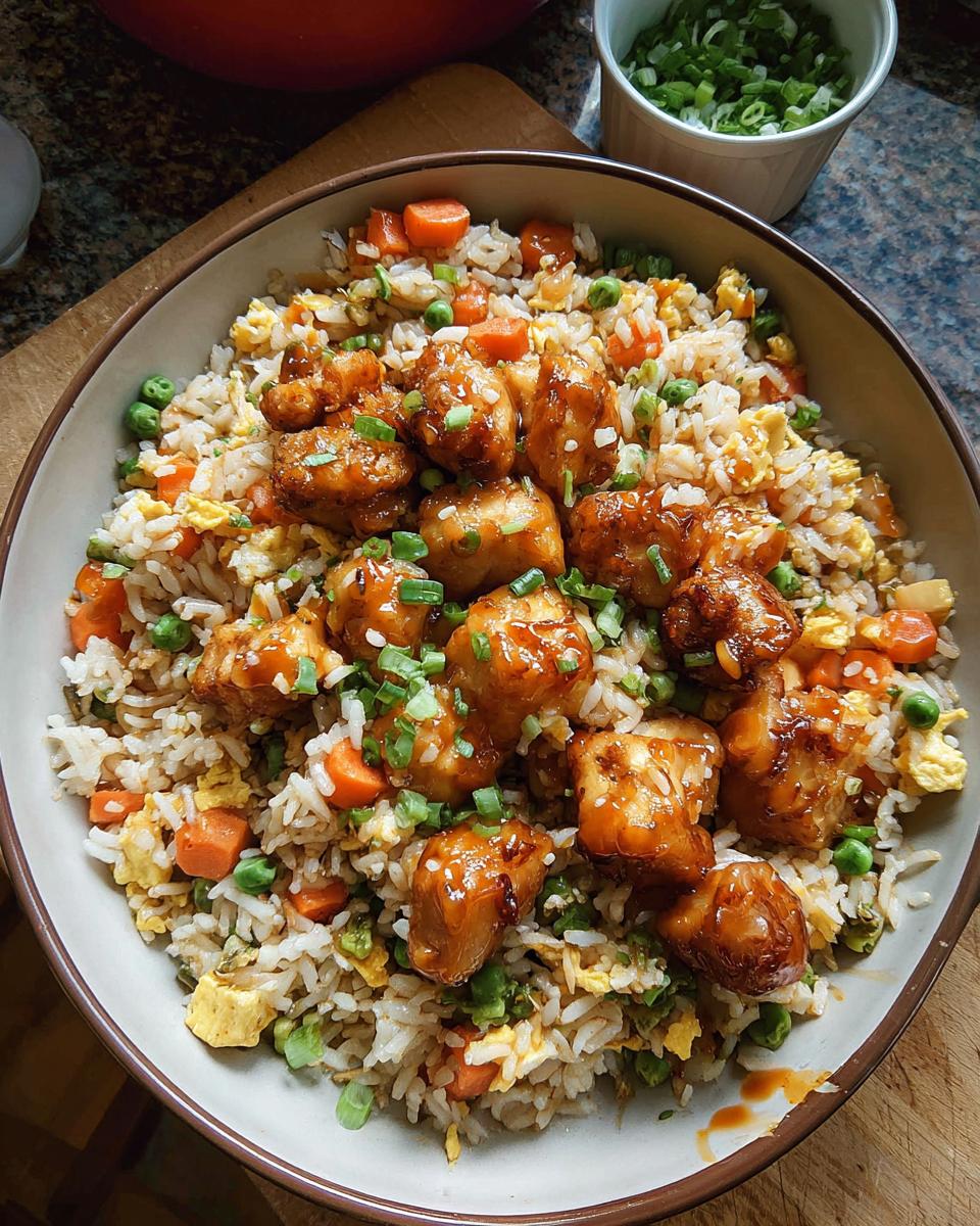 A bowl of Bang Bang Fried Rice topped with glazed chicken pieces and green onions.