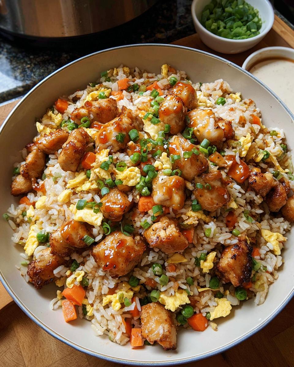 A close-up of a bowl of Bang Bang Fried Rice topped with glazed chicken pieces, scrambled eggs, peas, and carrots.