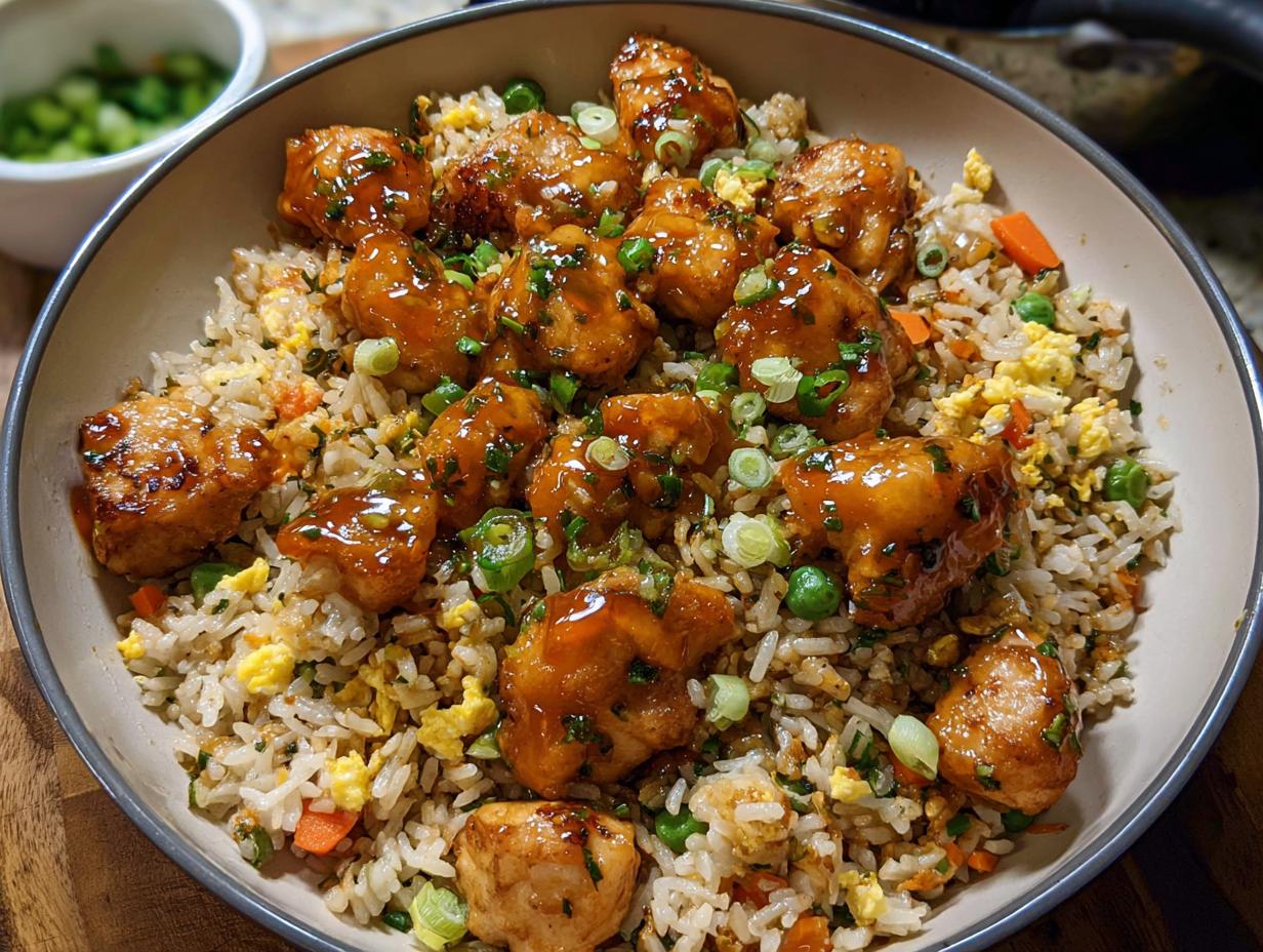 A bowl of Bang Bang Fried Rice topped with glazed crispy chicken pieces and green onions.