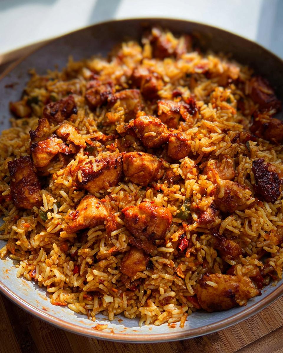 Close-up of a bowl filled with flavorful BBQ chicken and rice, featuring tender chicken pieces mixed with seasoned rice.