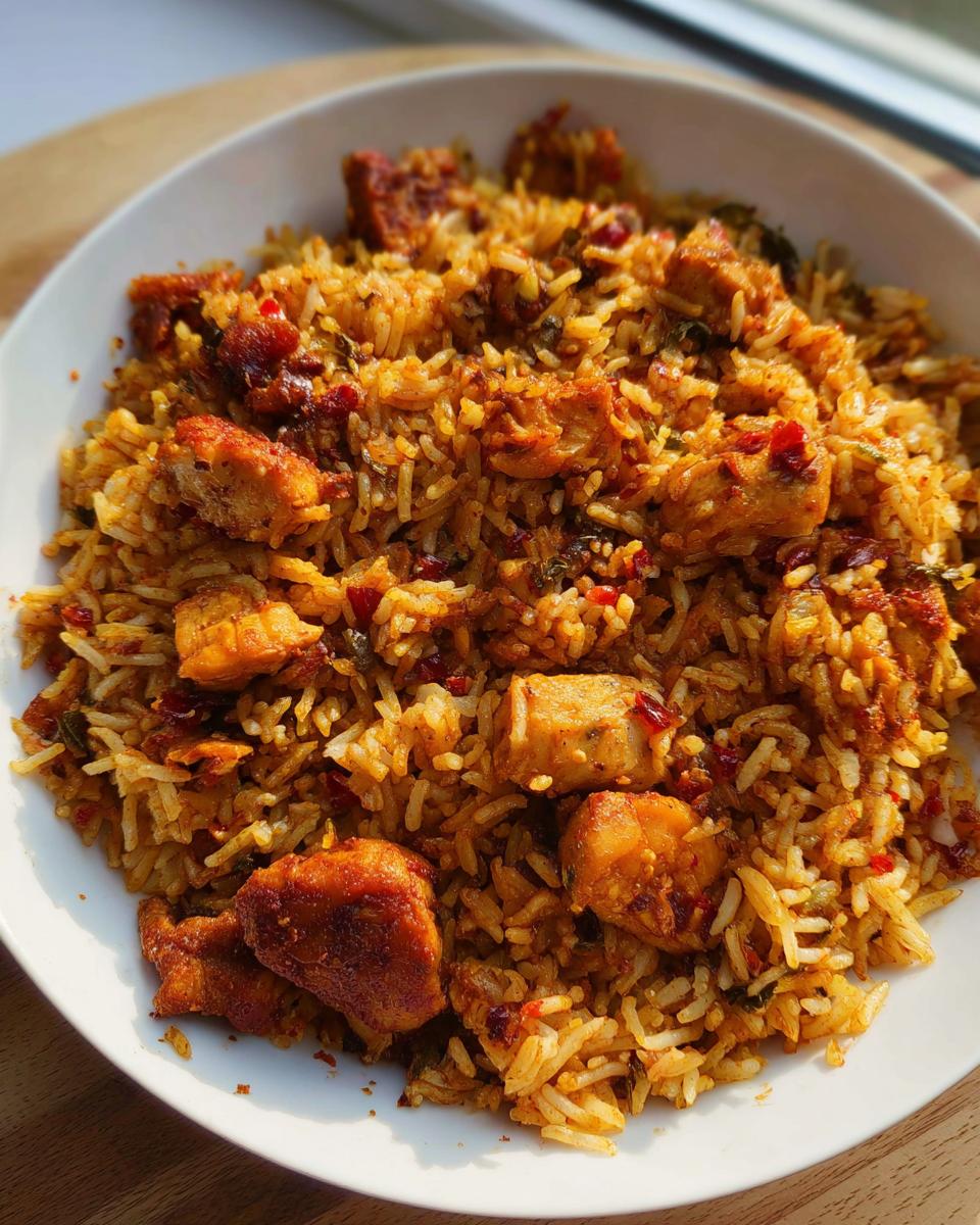 A close-up of a white bowl filled with flavorful BBQ Chicken and Rice, featuring tender chicken pieces mixed with seasoned rice.