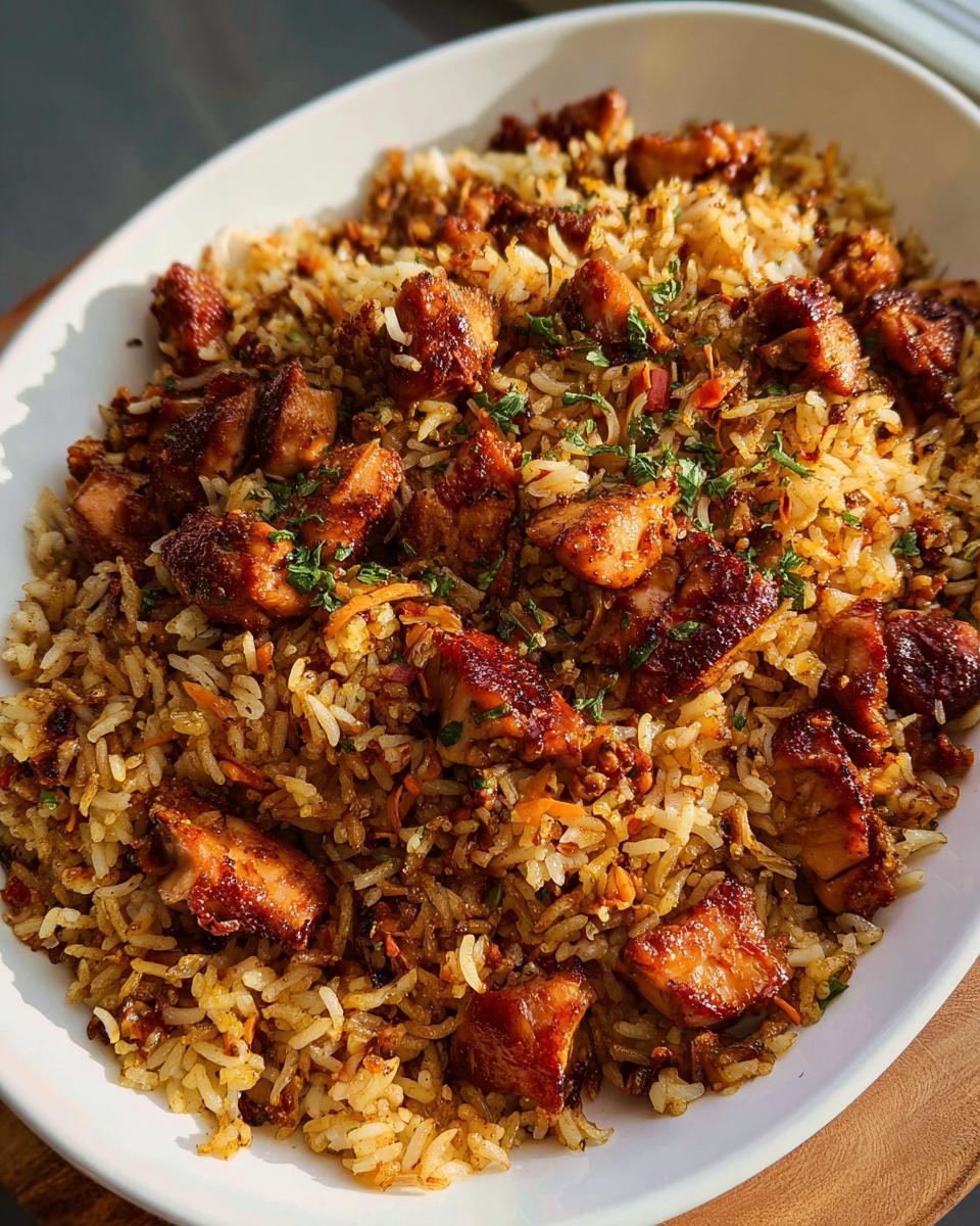 A close-up of a white bowl filled with savory BBQ Chicken and Rice, garnished with fresh herbs.