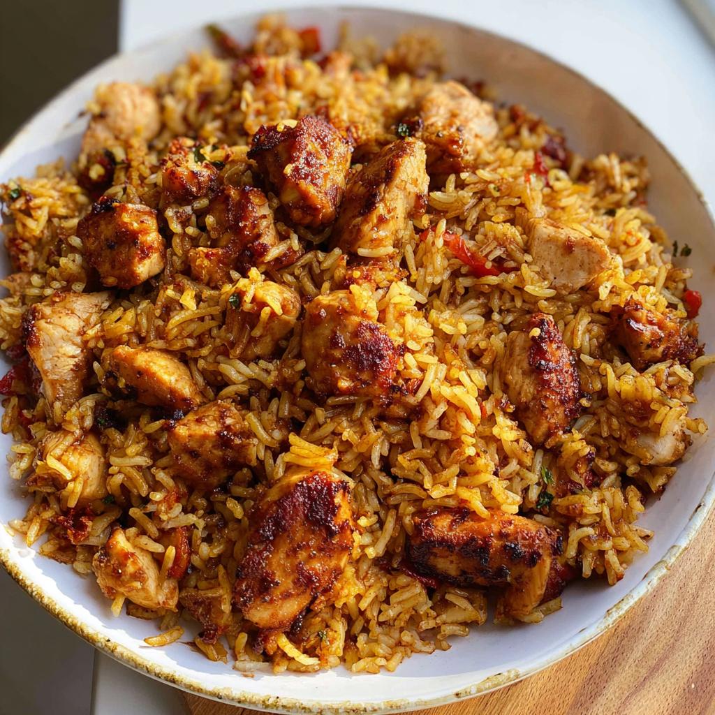 A close-up of a bowl filled with flavorful BBQ Chicken and Rice, featuring tender chicken pieces mixed with seasoned rice.