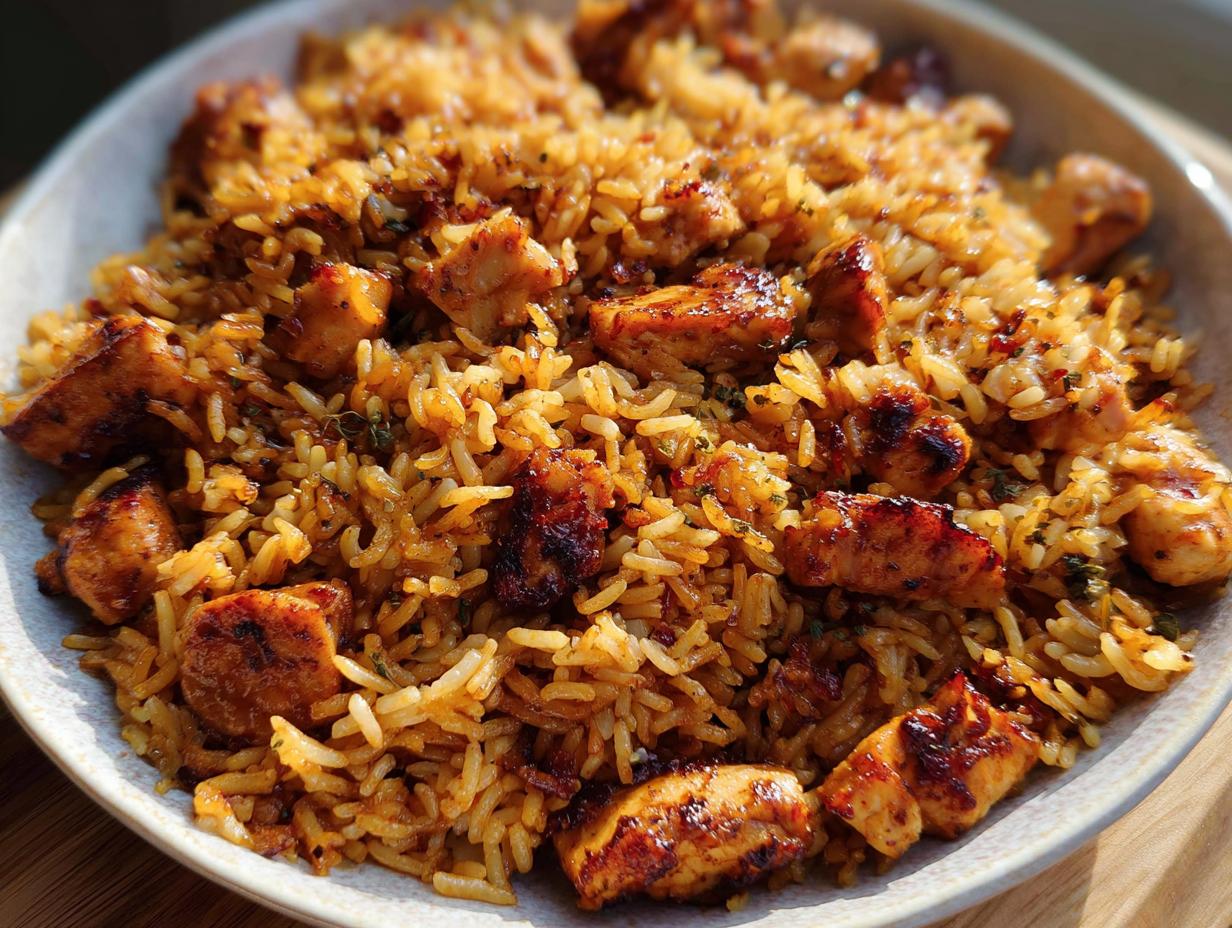 A close-up shot of a bowl filled with flavorful BBQ Chicken and Rice, featuring tender chicken pieces mixed with seasoned rice.