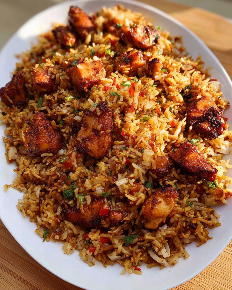 A large white platter filled with delicious BBQ Chicken and Rice, garnished with fresh herbs.