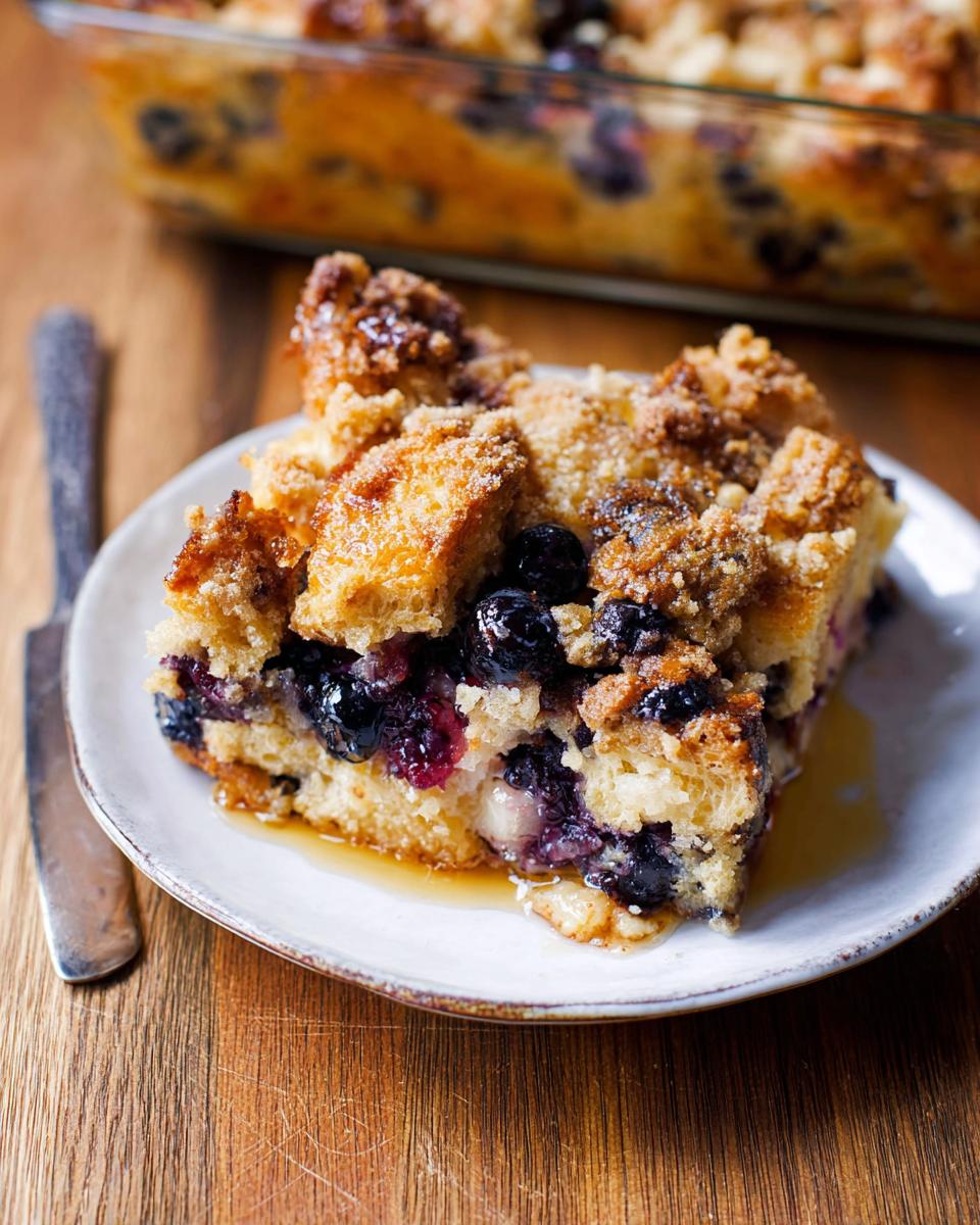A delicious slice of Best Blueberry French Toast Casserole topped with streusel and syrup.