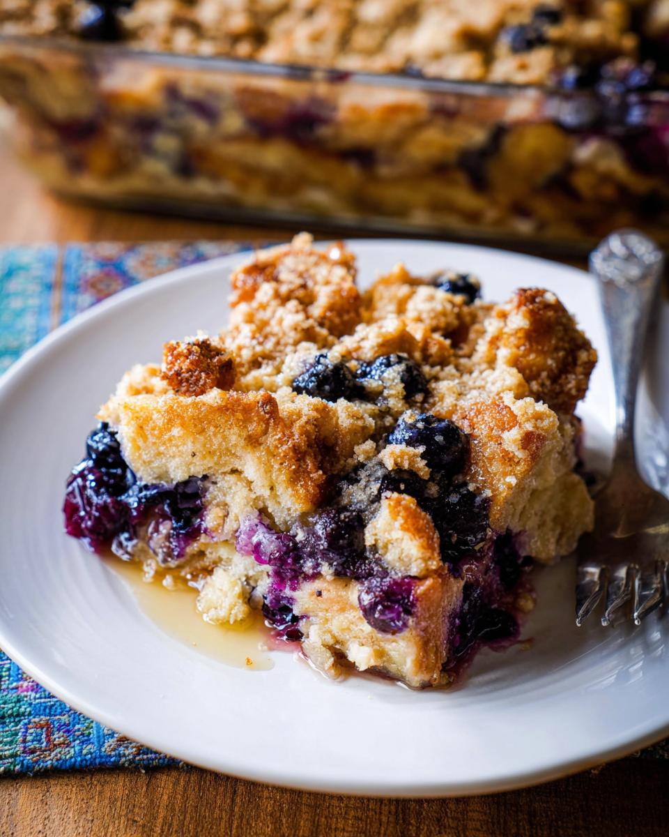 A delicious slice of Best Blueberry French Toast Casserole on a white plate, topped with streusel and fresh blueberries.