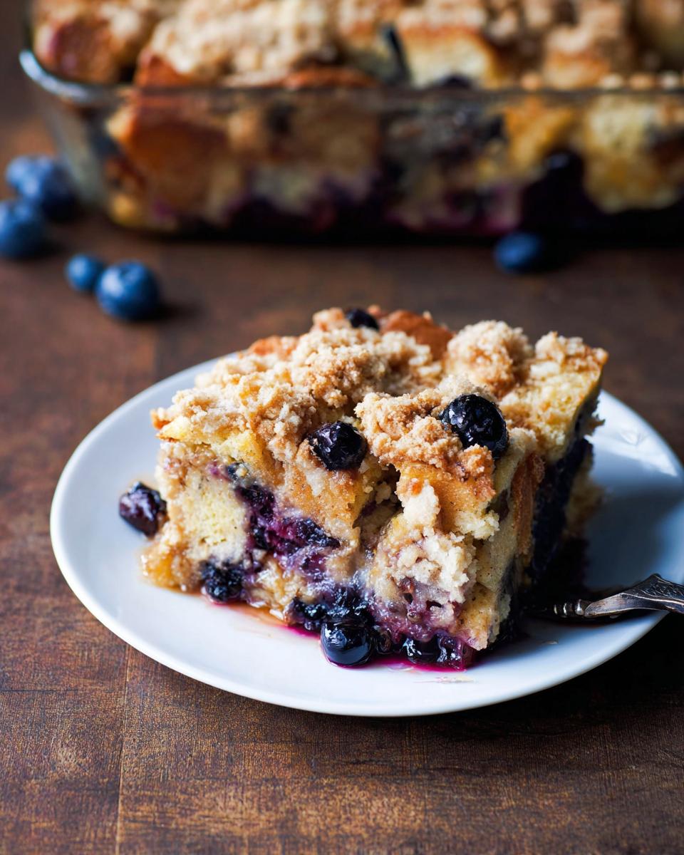 A delicious slice of Best Blueberry French Toast Casserole on a white plate, topped with streusel and fresh blueberries.