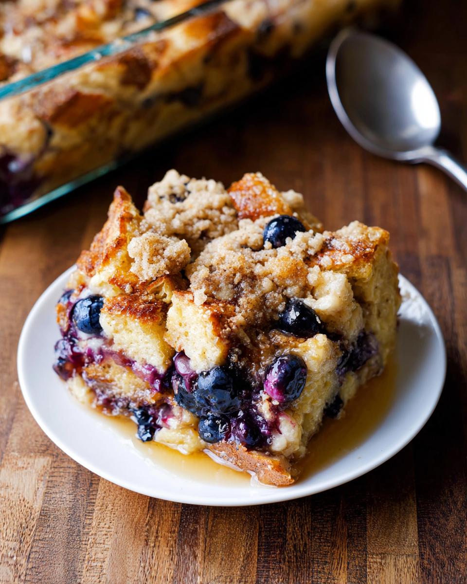 A delicious slice of Best Blueberry French Toast Casserole topped with streusel and fresh blueberries, served on a white plate with syrup.