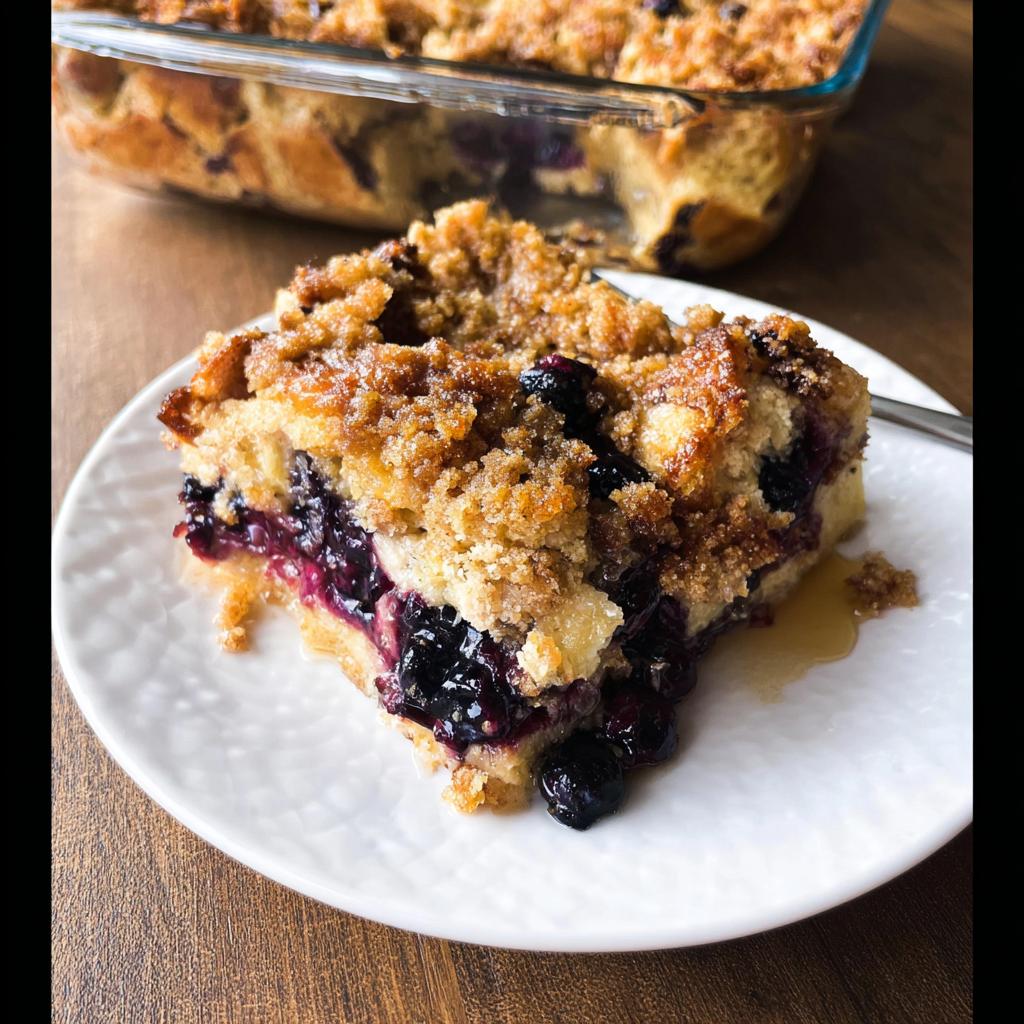 A delicious slice of Best Blueberry French Toast Casserole on a white plate, with a fork and the rest of the casserole in the background.