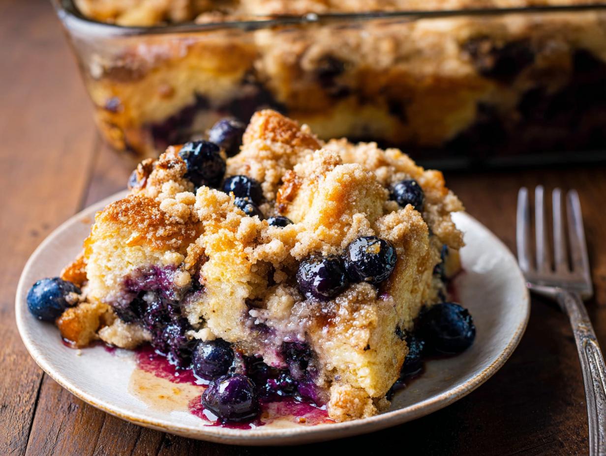 A delicious slice of Best Blueberry French Toast Casserole topped with streusel and fresh blueberries.