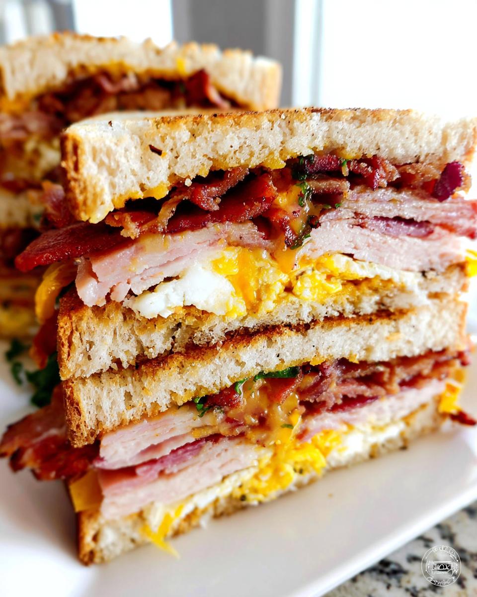 Close-up of a stacked Breakfast Club Sandwich with layers of toasted bread, bacon, turkey, fried egg, and melted cheese.