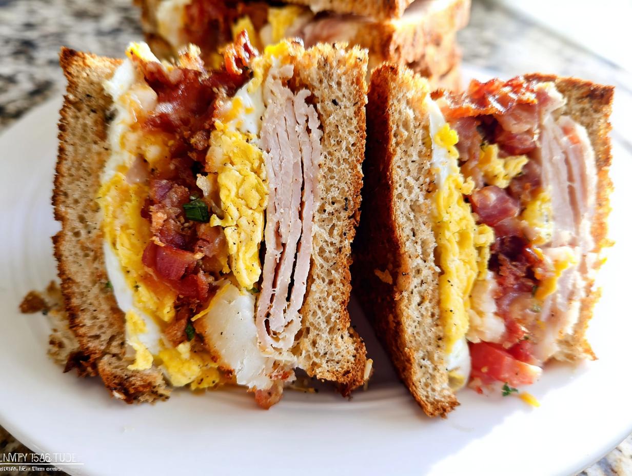 Close-up of a stacked Breakfast Club Sandwich, featuring layers of toasted bread, scrambled eggs, crispy bacon, turkey, and tomato.