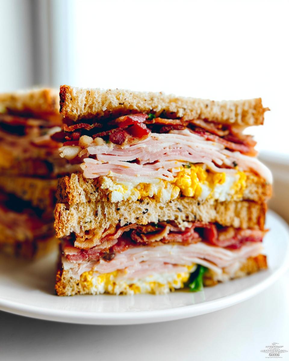 A stacked Breakfast Club Sandwich with layers of toasted bread, crispy bacon, turkey, ham, and scrambled eggs.