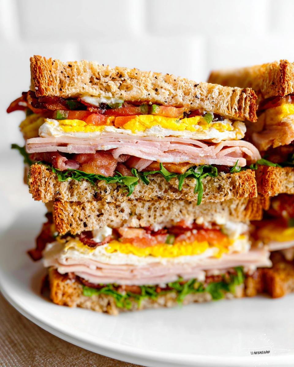 A tall stack of a Breakfast Club Sandwich on a white plate, featuring layers of toast, bacon, ham, turkey, fried egg, and tomato.