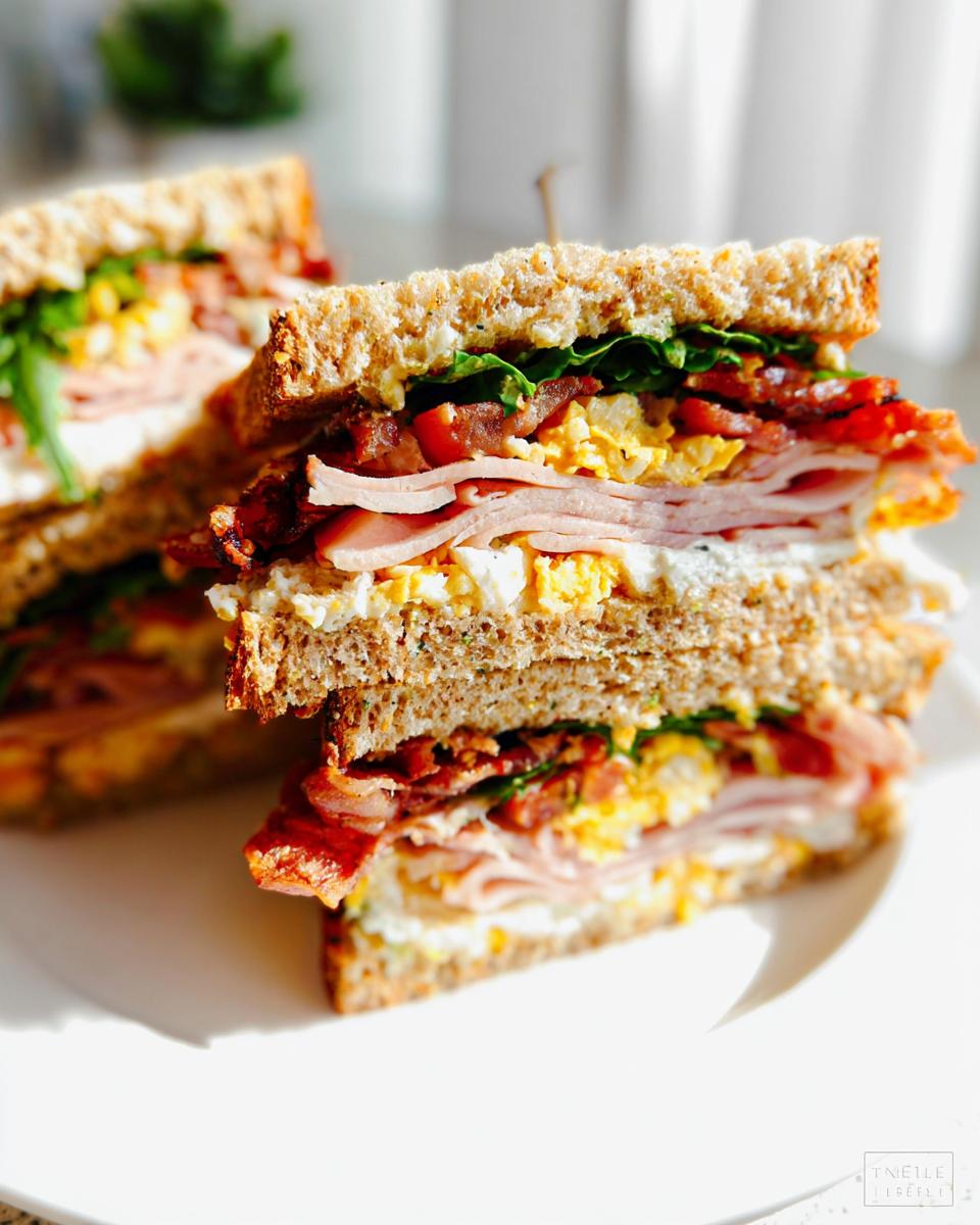 A tall stack of a Breakfast Club Sandwich with layers of bacon, ham, scrambled eggs, and lettuce on whole wheat bread.