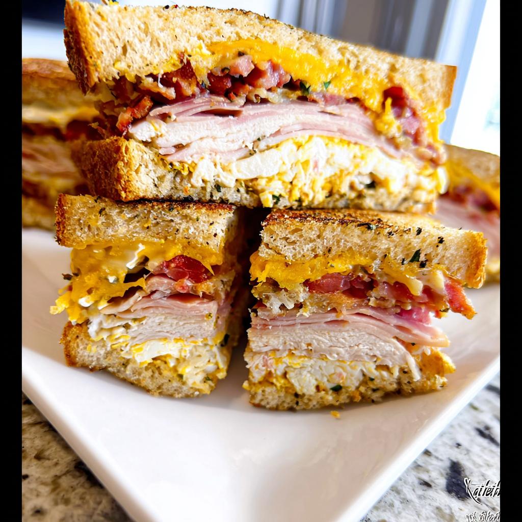 A stacked Breakfast Club Sandwich cut in half, showing layers of turkey, ham, bacon, egg salad, tomato, and melted cheese on toasted bread.