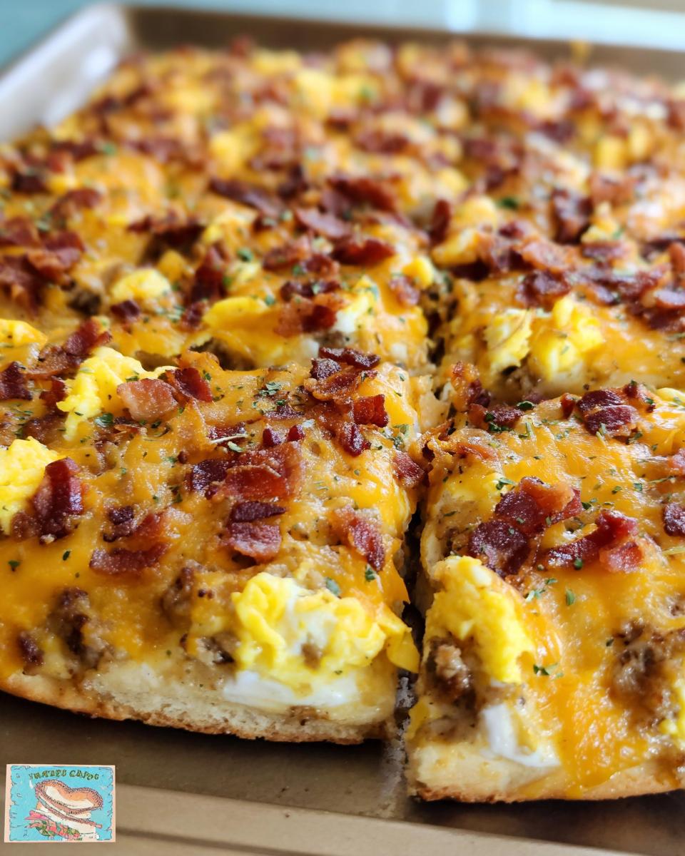 Close-up of a breakfast pizza egg recipe topped with melted cheese, scrambled eggs, and crispy bacon.