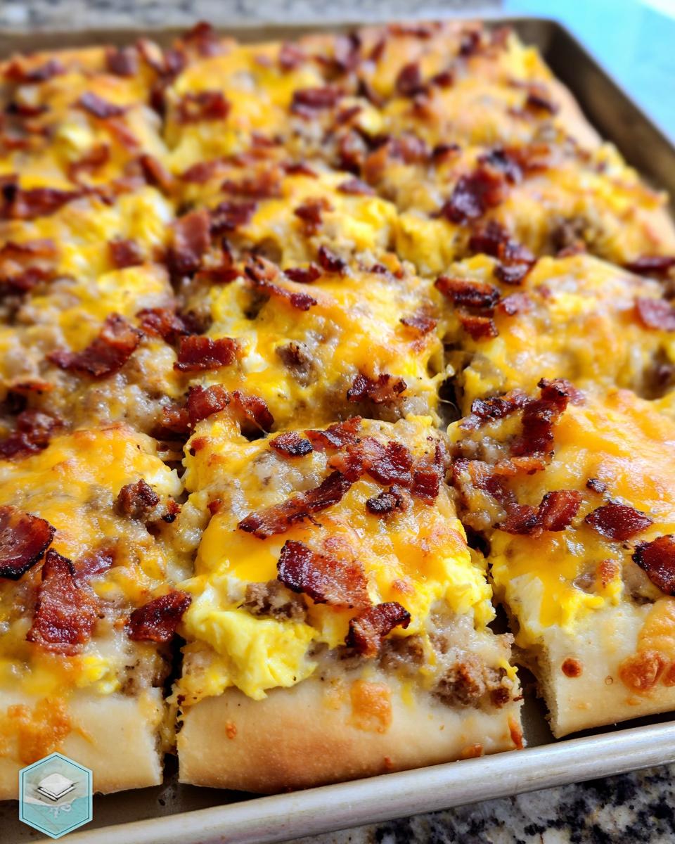 Close-up of a baked breakfast pizza egg recipe topped with melted cheese and crispy bacon.