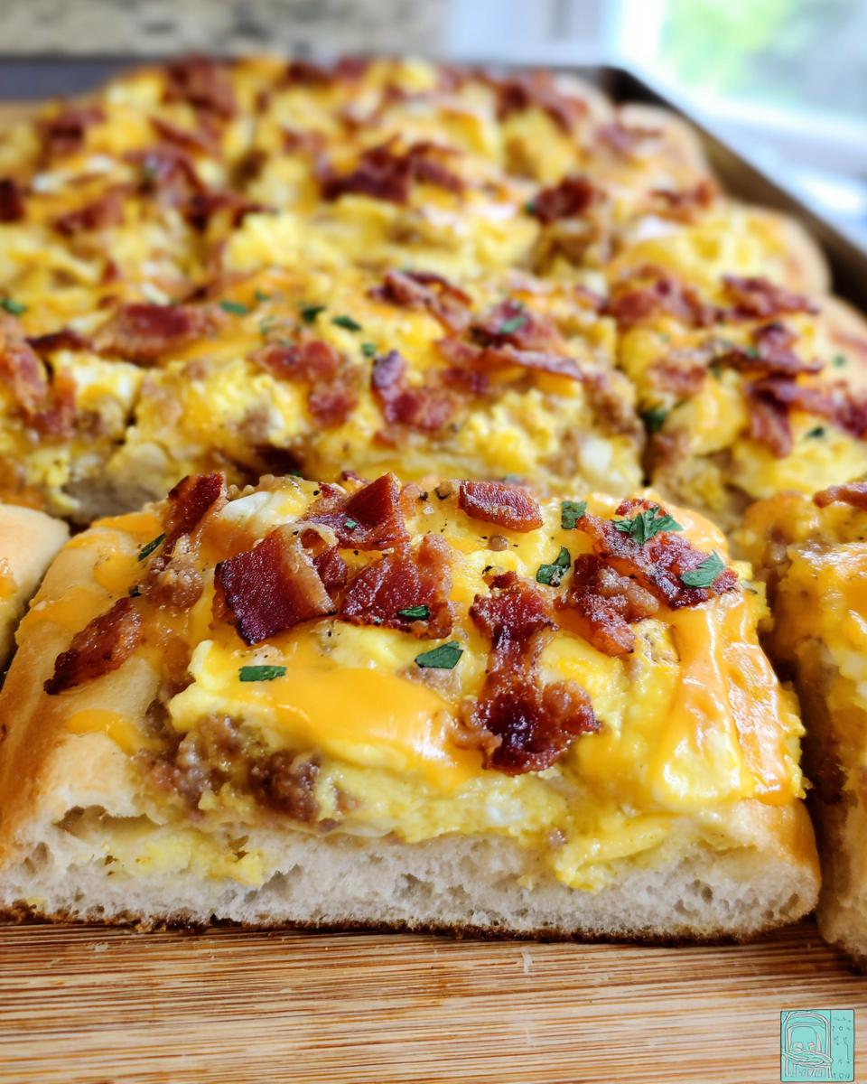 A close-up of a slice of breakfast pizza with scrambled eggs, cheese, bacon, and sausage.