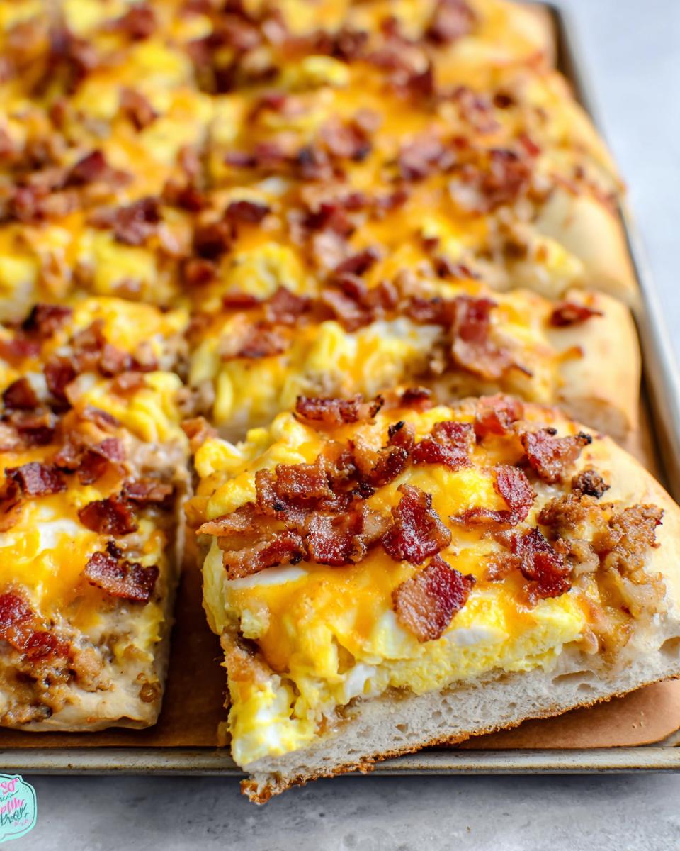 A close-up of a slice of breakfast pizza egg recipe, topped with scrambled eggs, cheese, and crispy bacon.
