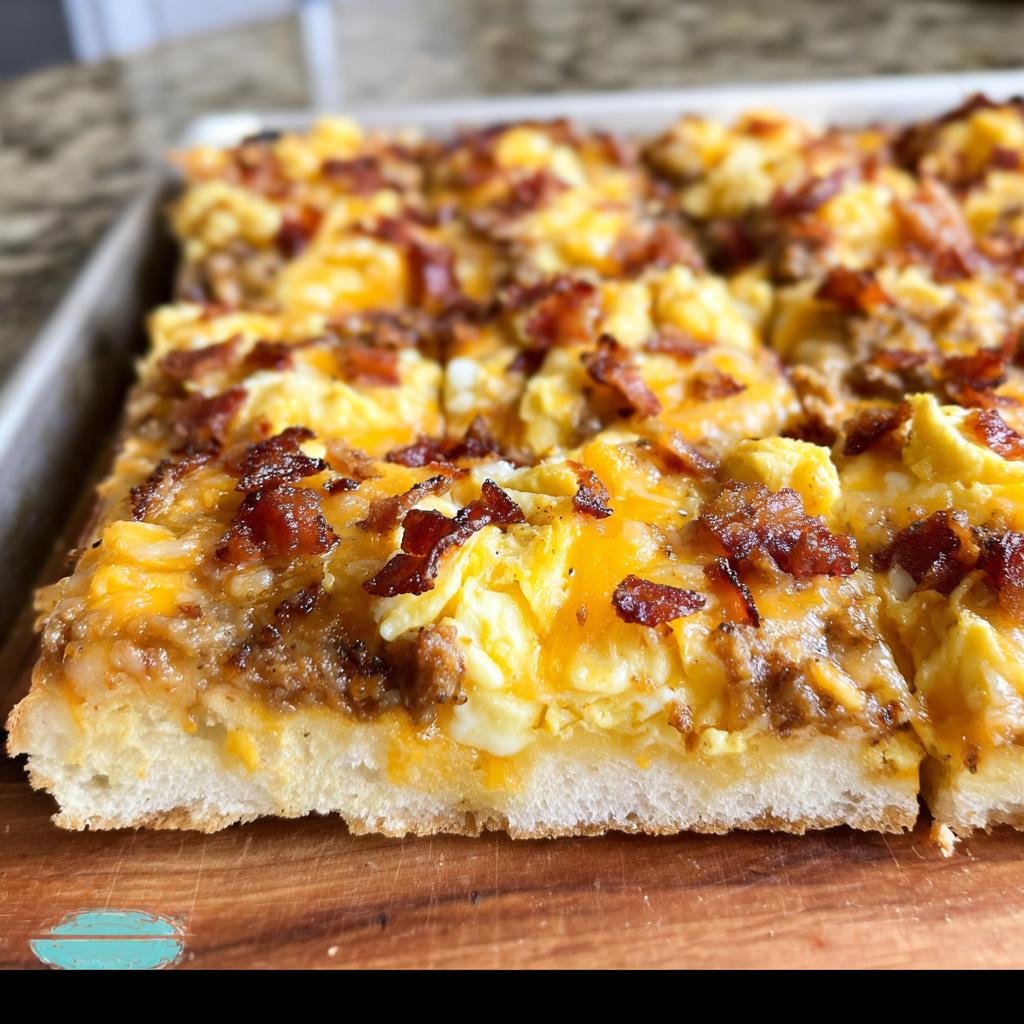 A close-up of a slice of breakfast pizza egg recipe, topped with scrambled eggs, cheese, and bacon.