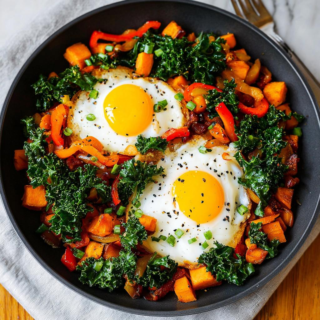 A colorful pan of BREAKFAST SWEET POTATO hash, topped with two fried eggs, kale, and peppers.