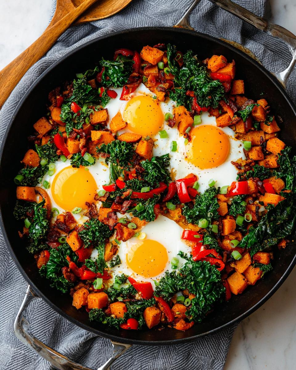 A delicious one-pan BREAKFAST SWEET POTATO dish with eggs, kale, red peppers, and green onions.