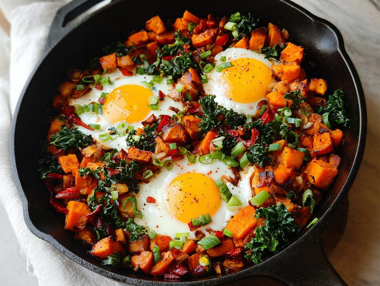 A cast iron skillet filled with a colorful BREAKFAST SWEET POTATO hash topped with four sunny-side-up eggs and green onions.