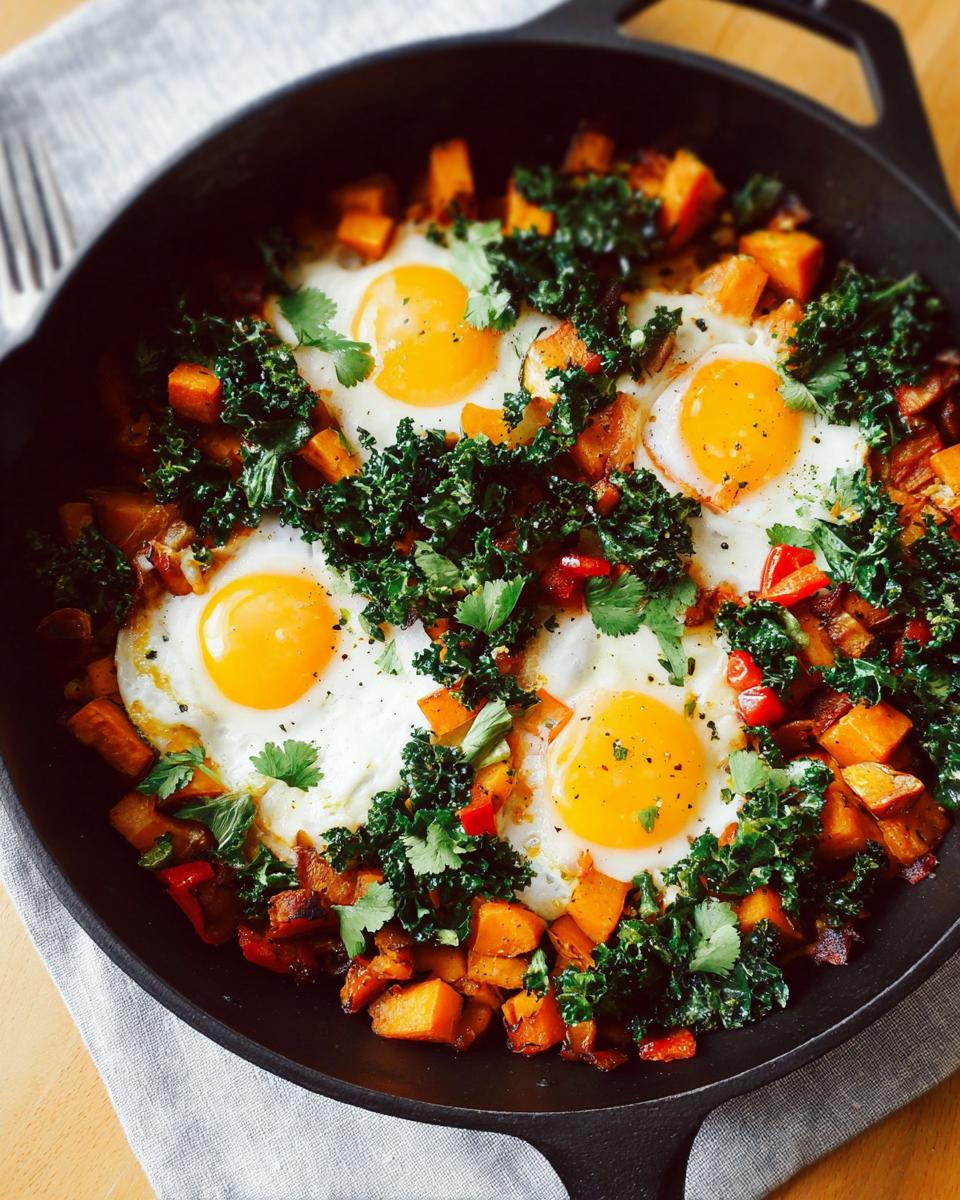 A cast iron skillet filled with a colorful BREAKFAST SWEET POTATO hash, topped with fried eggs and fresh kale.