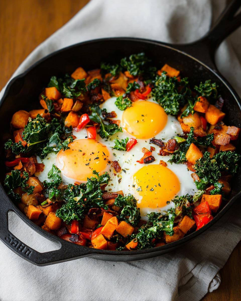 A cast iron skillet filled with a hearty BREAKFAST SWEET POTATO hash, topped with three sunny-side-up eggs and kale.