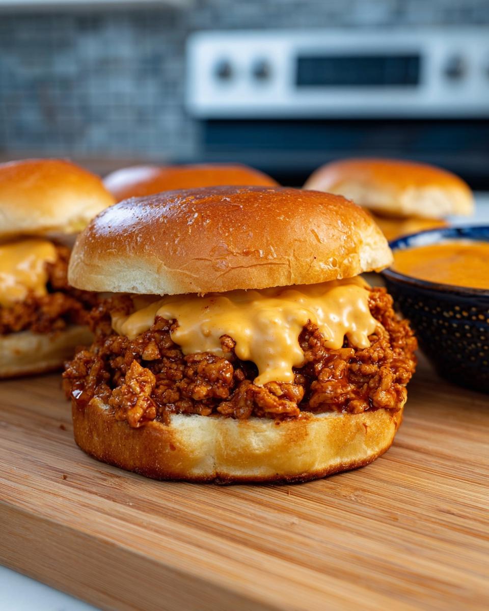 A close-up of a Cajun Chicken Sloppy Joe sandwich topped with melted creamy cheese sauce on a bun.
