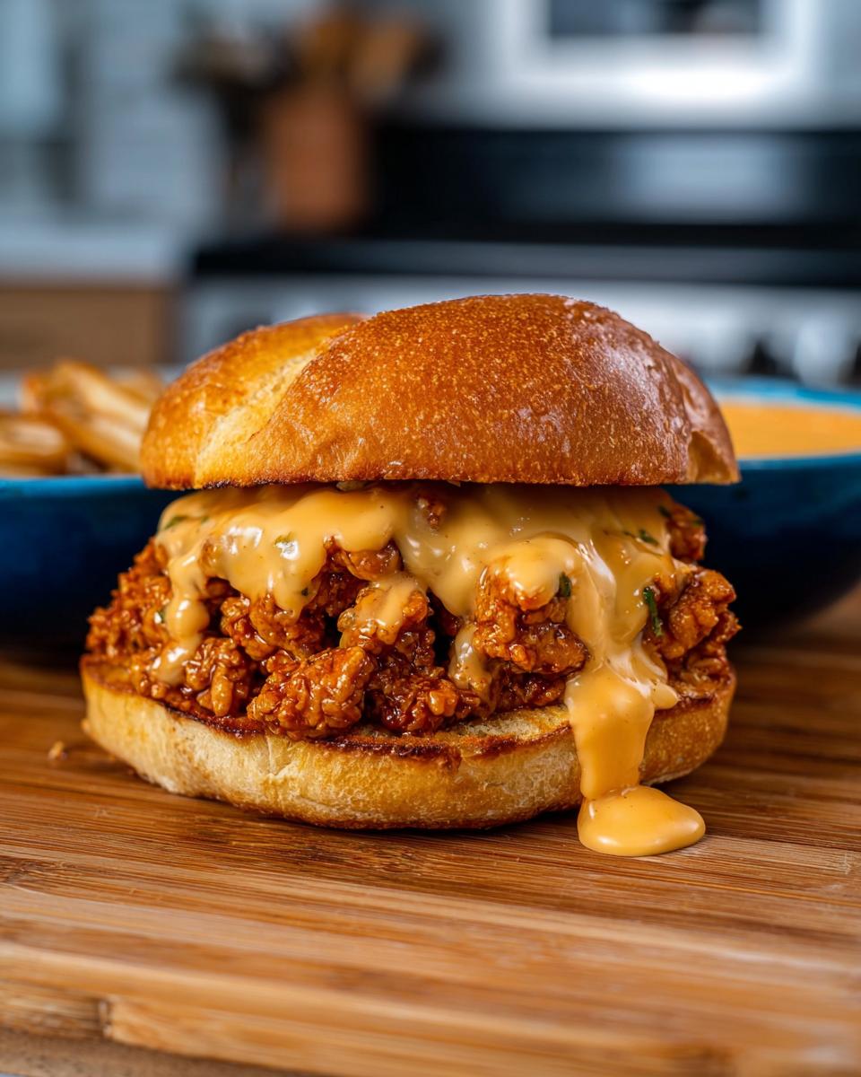 A close-up of Cajun Chicken Sloppy Joes on a bun, generously topped with creamy cheese sauce.
