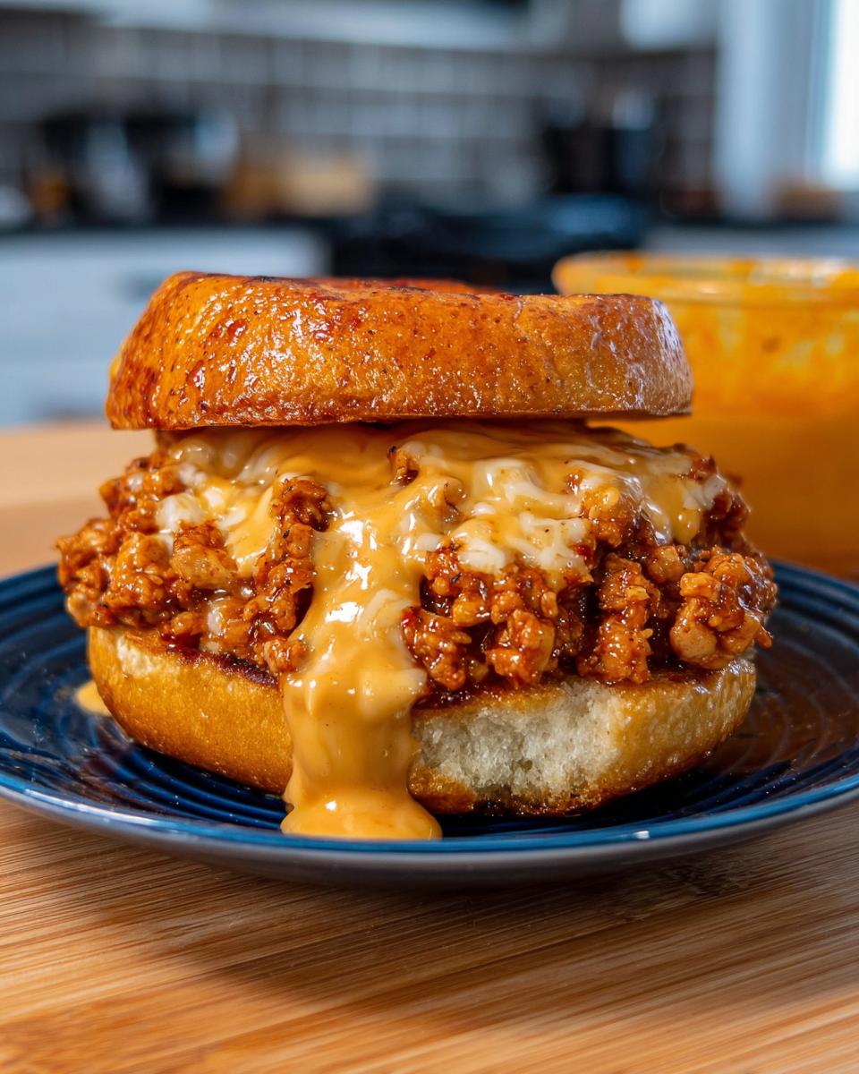 A close-up of a Cajun Chicken Sloppy Joe sandwich, generously topped with creamy cheese sauce.