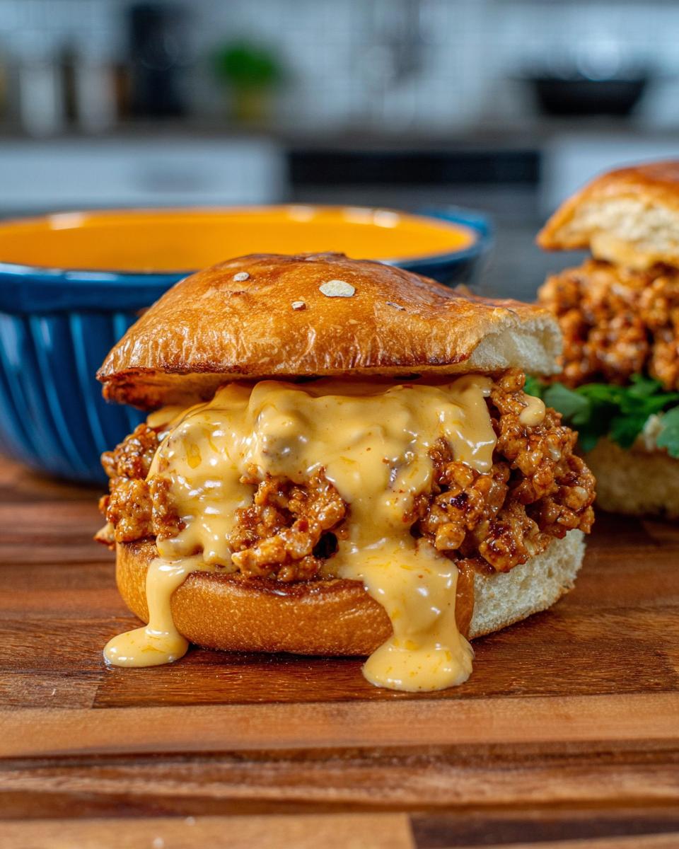 A close-up of a Cajun Chicken Sloppy Joe sandwich generously topped with creamy cheese sauce.