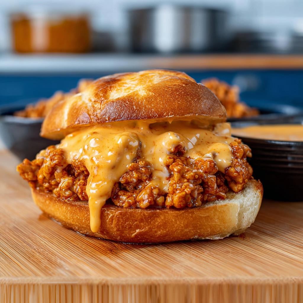 A close-up of a Cajun Chicken Sloppy Joe sandwich piled high with seasoned chicken and dripping with creamy cheese sauce on a bun.