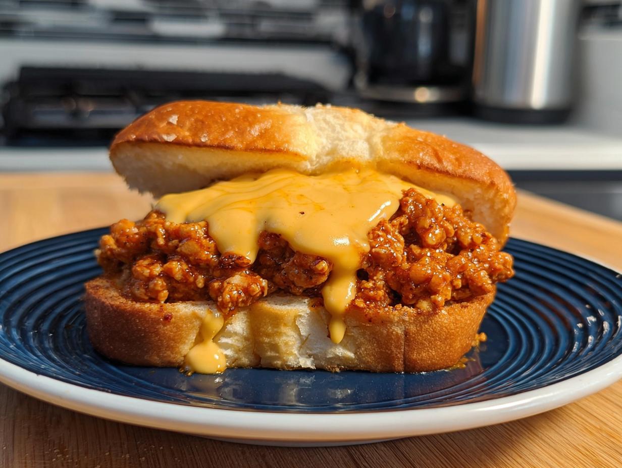 A close-up of Cajun Chicken Sloppy Joes piled high with creamy cheese sauce on a toasted bun.